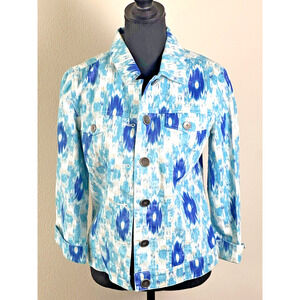 Chicos‎ Linen Blend Jean Jacket Sz 0 Blue Tan Vibrant Spring Hannalee Buttons